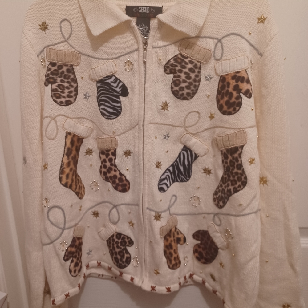 SEGUE CHRISTMAS SWEATER ANIMAL PRINT MITTENS CREAM BEADED SIZE L LG WOMAN UGLY